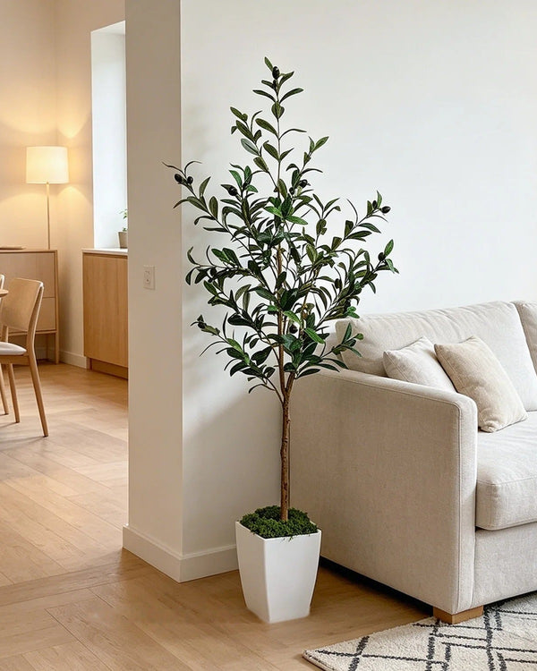 Artificial olive tree beside a beige sofa (planter not included)
