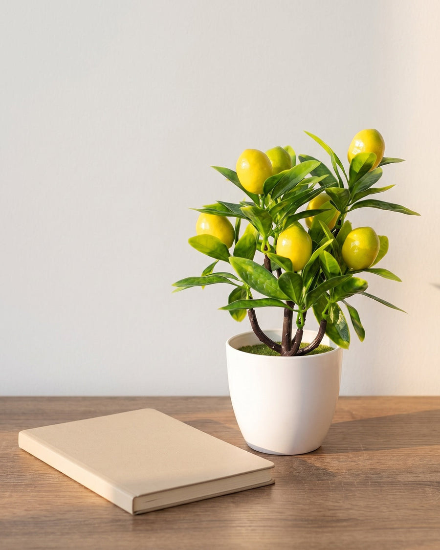 The artificial lemon bonsai in its plain white pot on a wooden desk beside a notebook