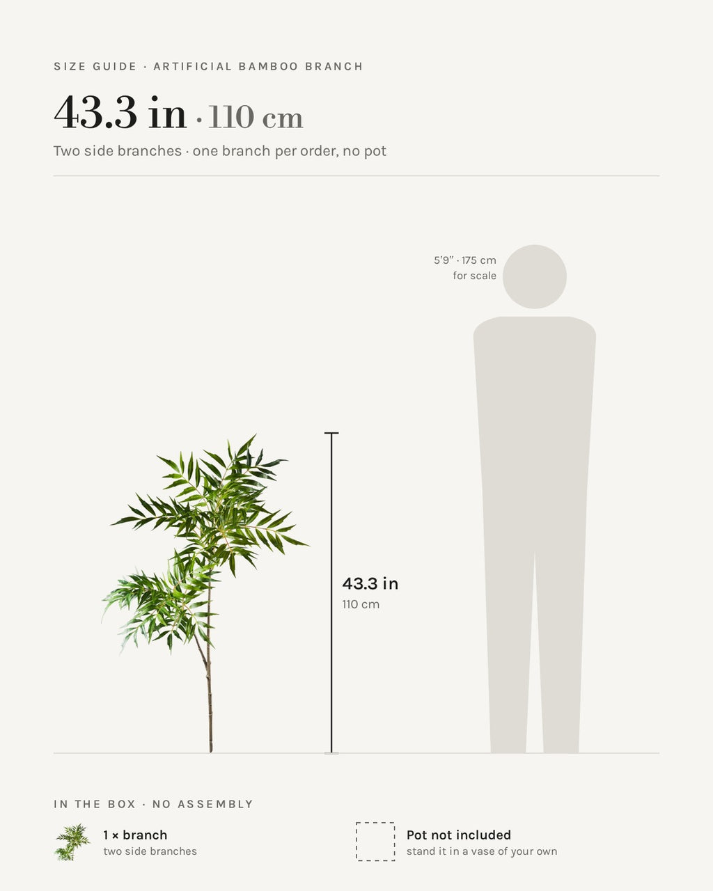 Size guide: the 43.3 in (110 cm) artificial bamboo branch with two side branches, shown beside a 5 ft 9 in figure for scale. Pot not included.