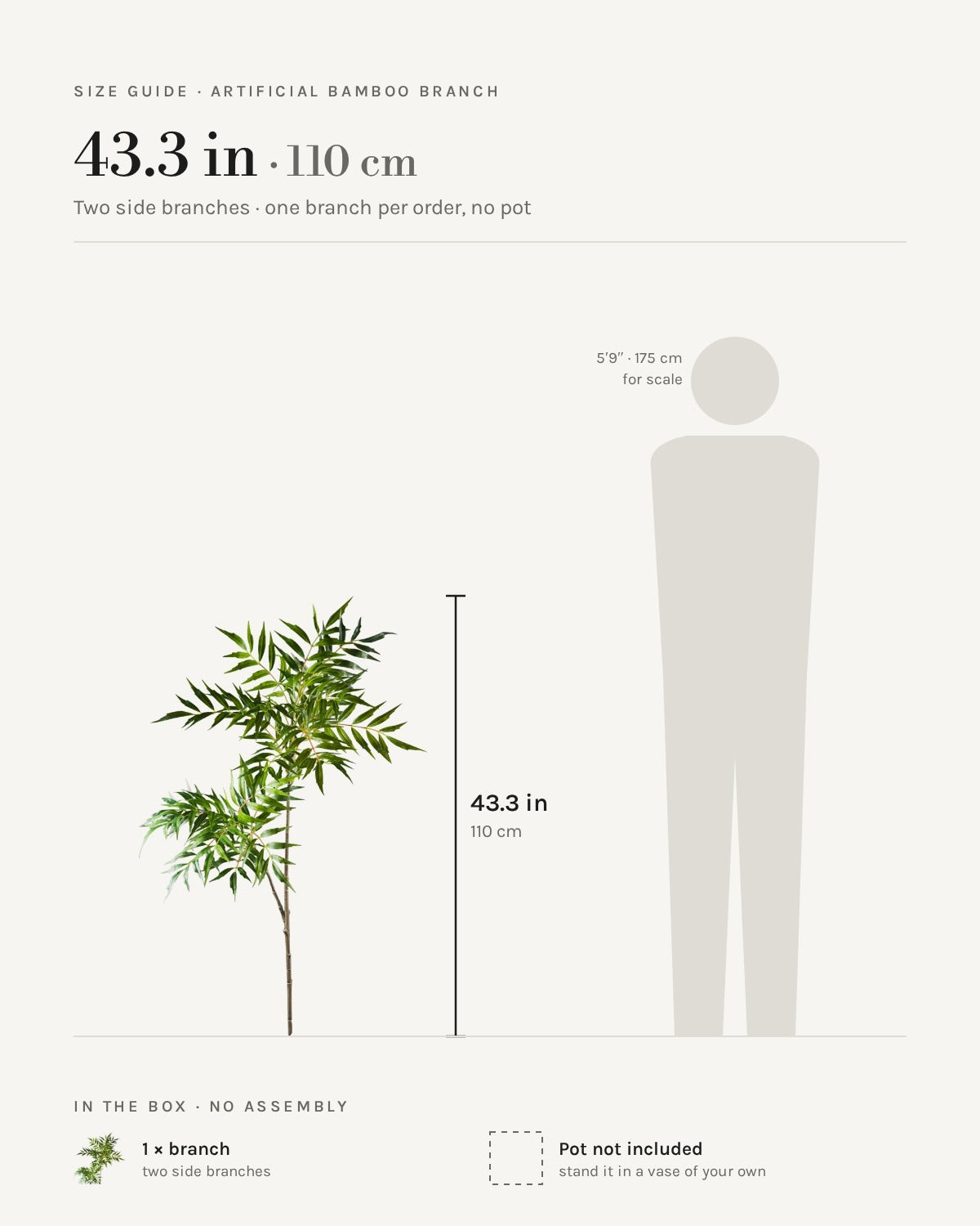 Size guide: the 43.3 in (110 cm) artificial bamboo branch with two side branches, shown beside a 5 ft 9 in figure for scale. Pot not included.