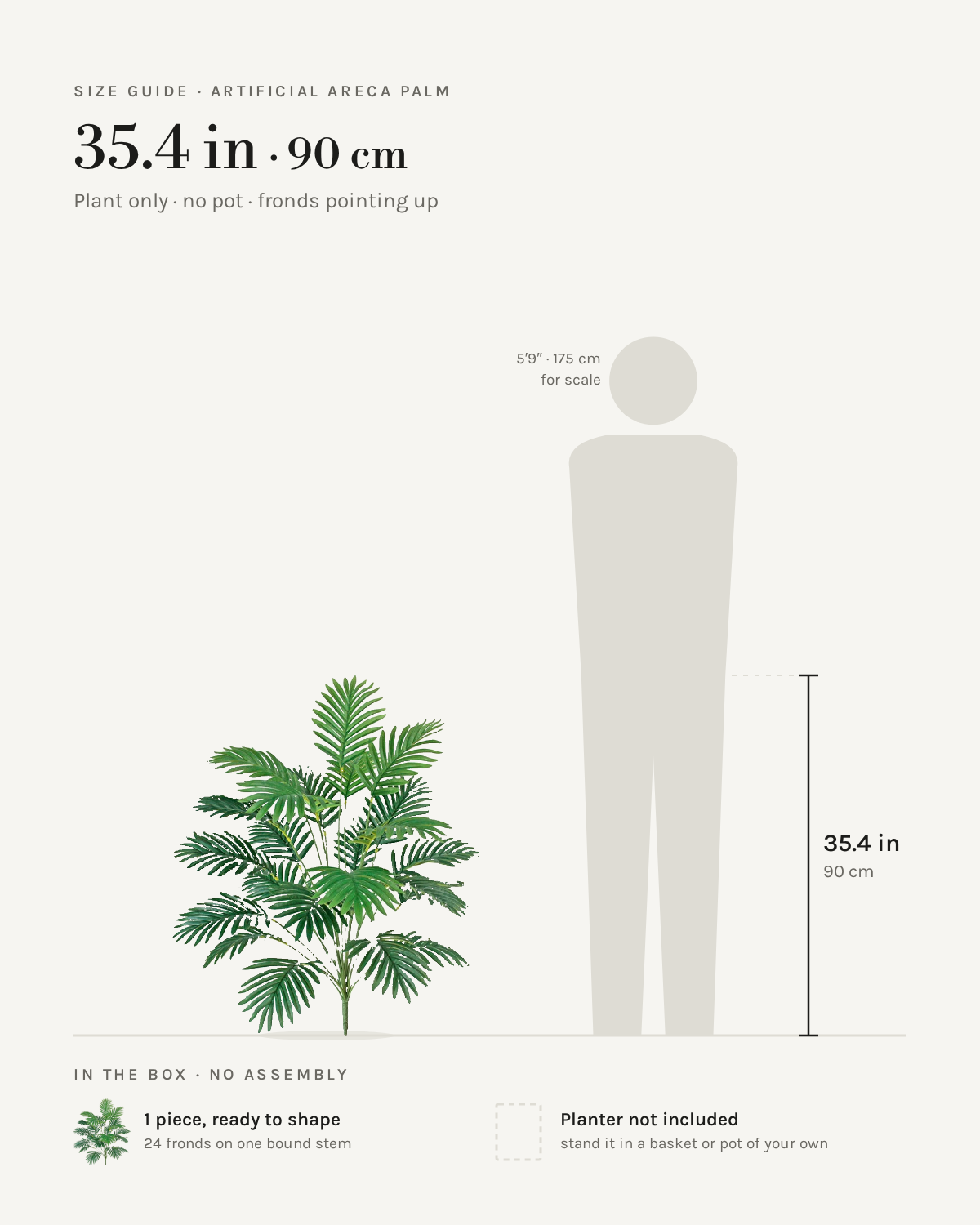 Size guide: artificial areca palm, 35.4 in / 90 cm tall, 24 fronds, shown beside a 5 foot 9 figure