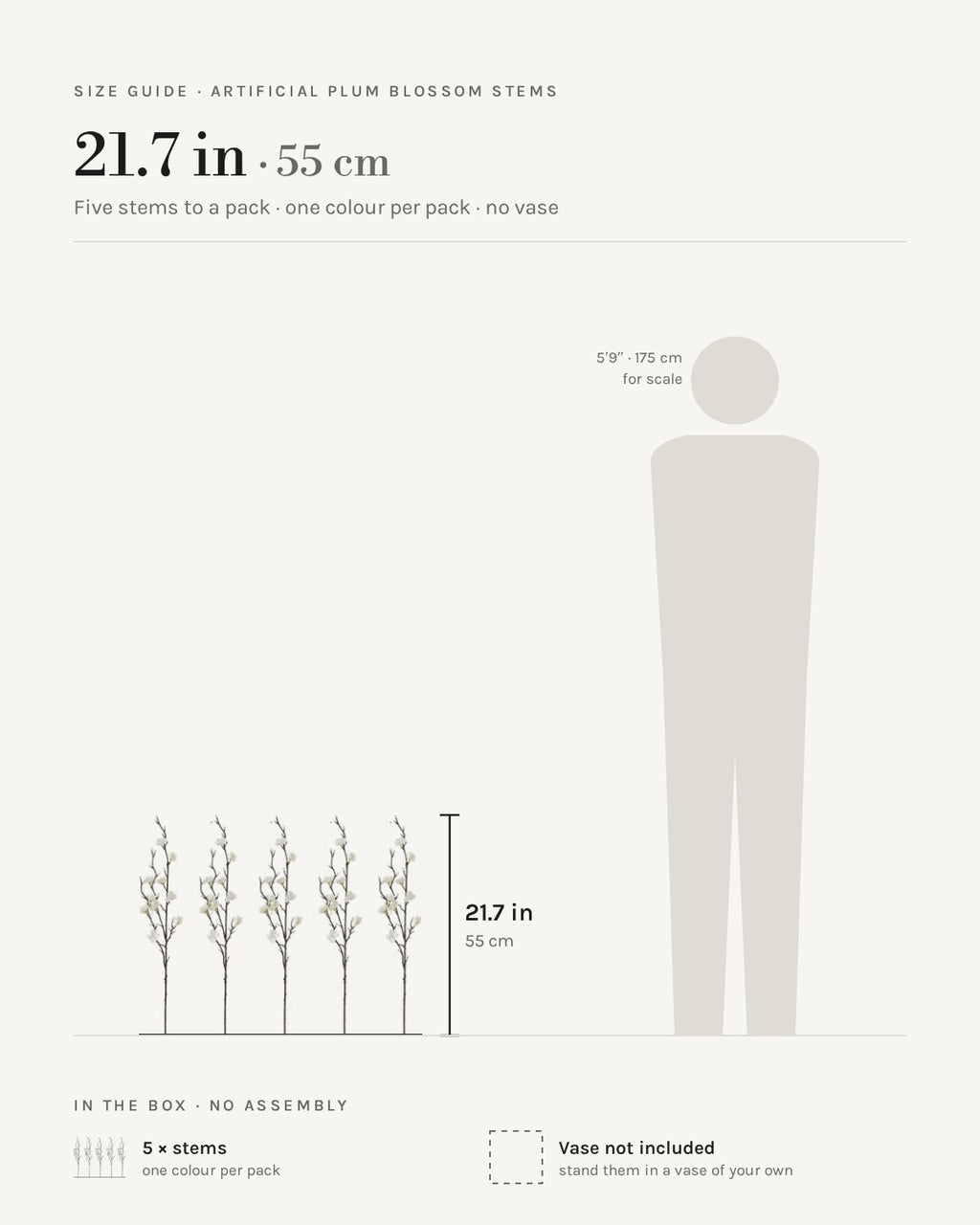 Size guide: plum blossom stems, 21.7 in / 55 cm each, five to a pack, shown beside a 5 foot 9 figure. No vase included.