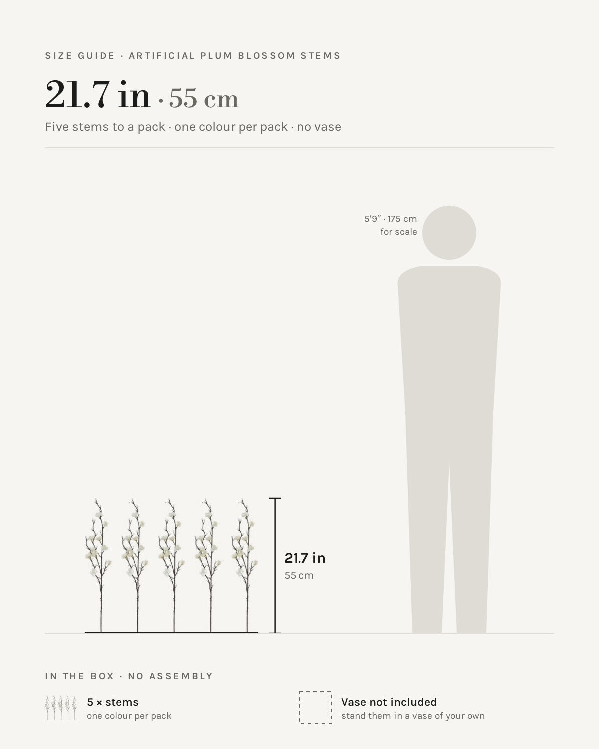 Size guide: plum blossom stems, 21.7 in / 55 cm each, five to a pack, shown beside a 5 foot 9 figure. No vase included.