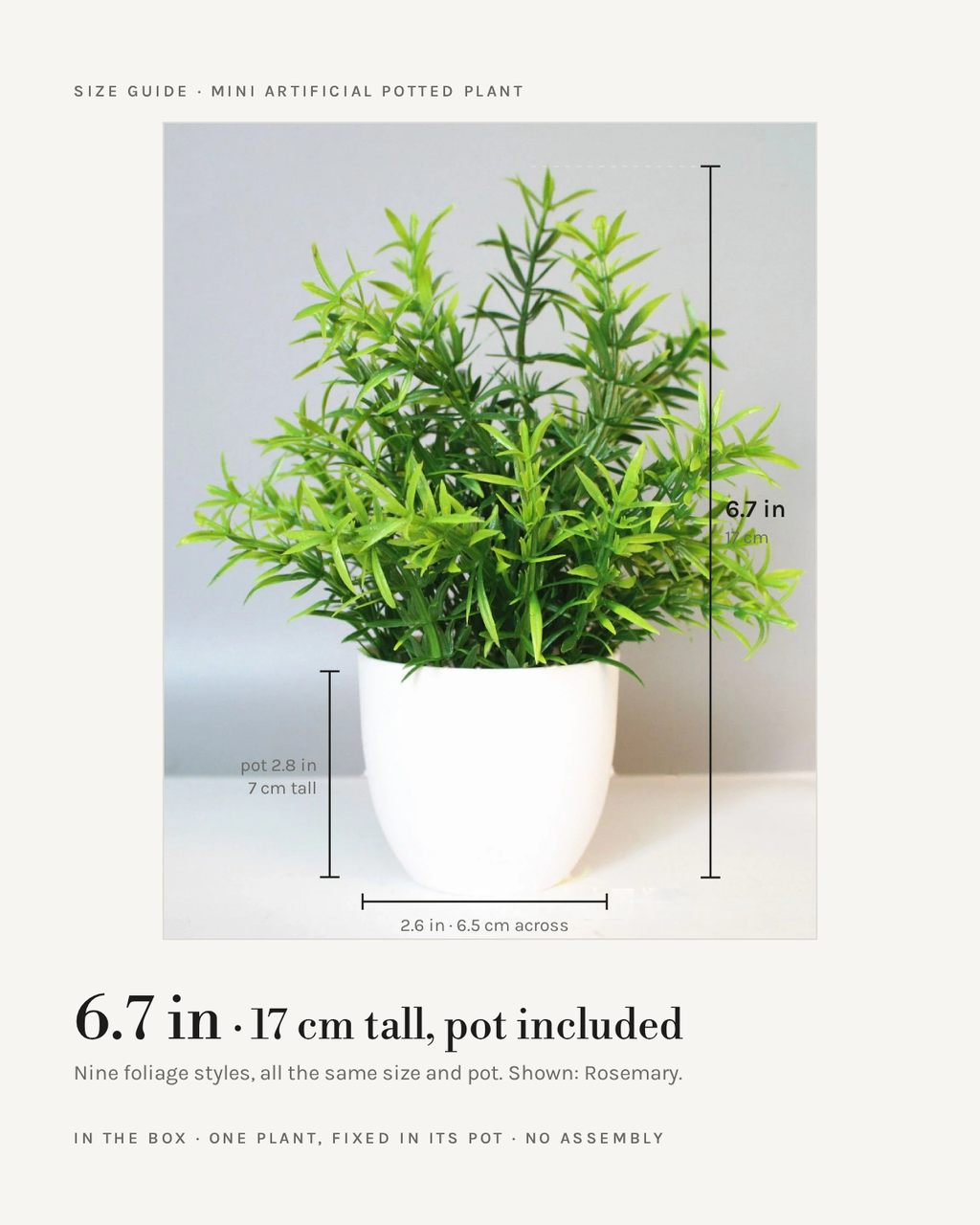 Size guide: mini artificial potted plant, 6.7 in / 17 cm tall overall, pot 2.8 in tall and 2.6 in across