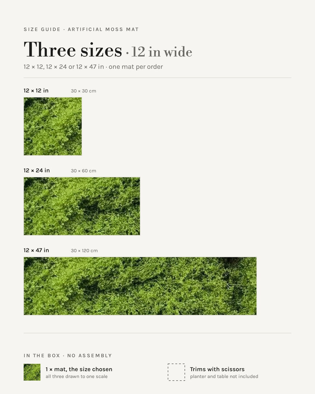 Size guide: artificial moss mat in three sizes drawn to one scale, 12 x 12 in (30 x 30 cm), 12 x 24 in (30 x 60 cm) and 12 x 47 in (30 x 120 cm). One mat per order.