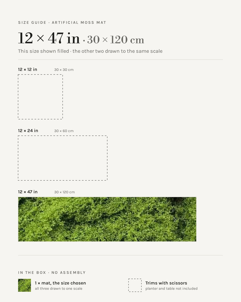 12 x 47 in (30 x 120 cm) moss mat, shown filled against the other two sizes at the same scale.
