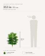 Size guide: the 33.1 in (84 cm) artificial fan palm with 24 fronds, shown beside a 5 ft 9 in figure for scale. Pot not included.