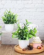 Mini artificial potted plants on a kitchen shelf beside cups and a wooden board