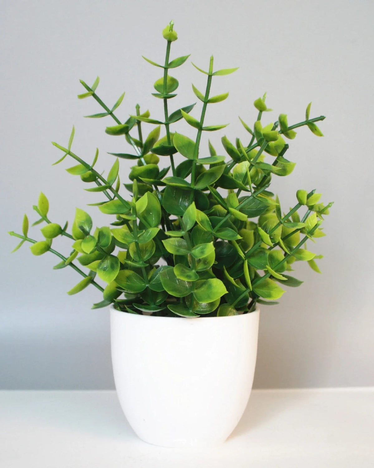 Mini artificial potted plant, eucalyptus foliage in a matte white pot