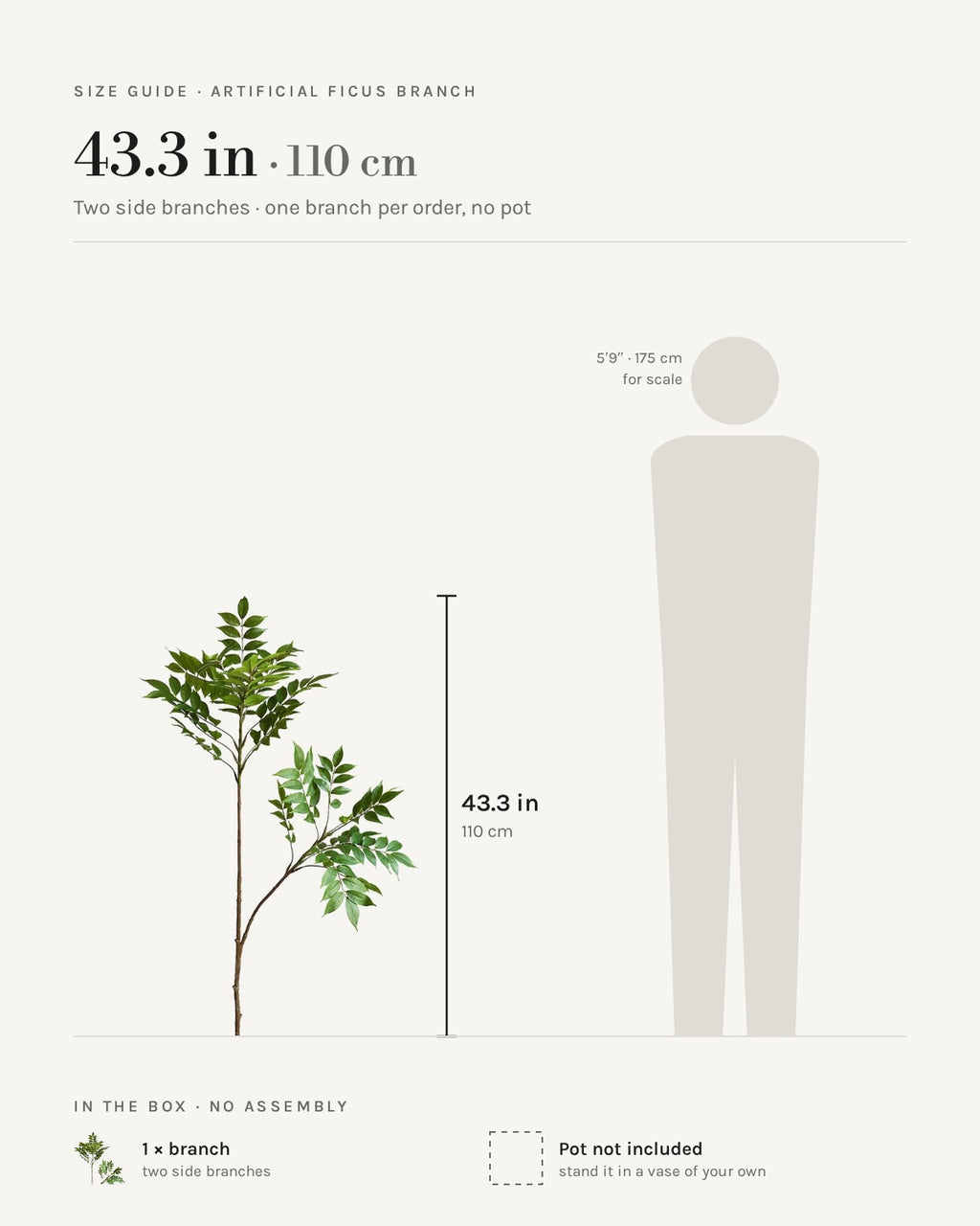 Size guide: the 43.3 in (110 cm) artificial ficus branch with two side branches, shown beside a 5 ft 9 in figure for scale. Pot not included.