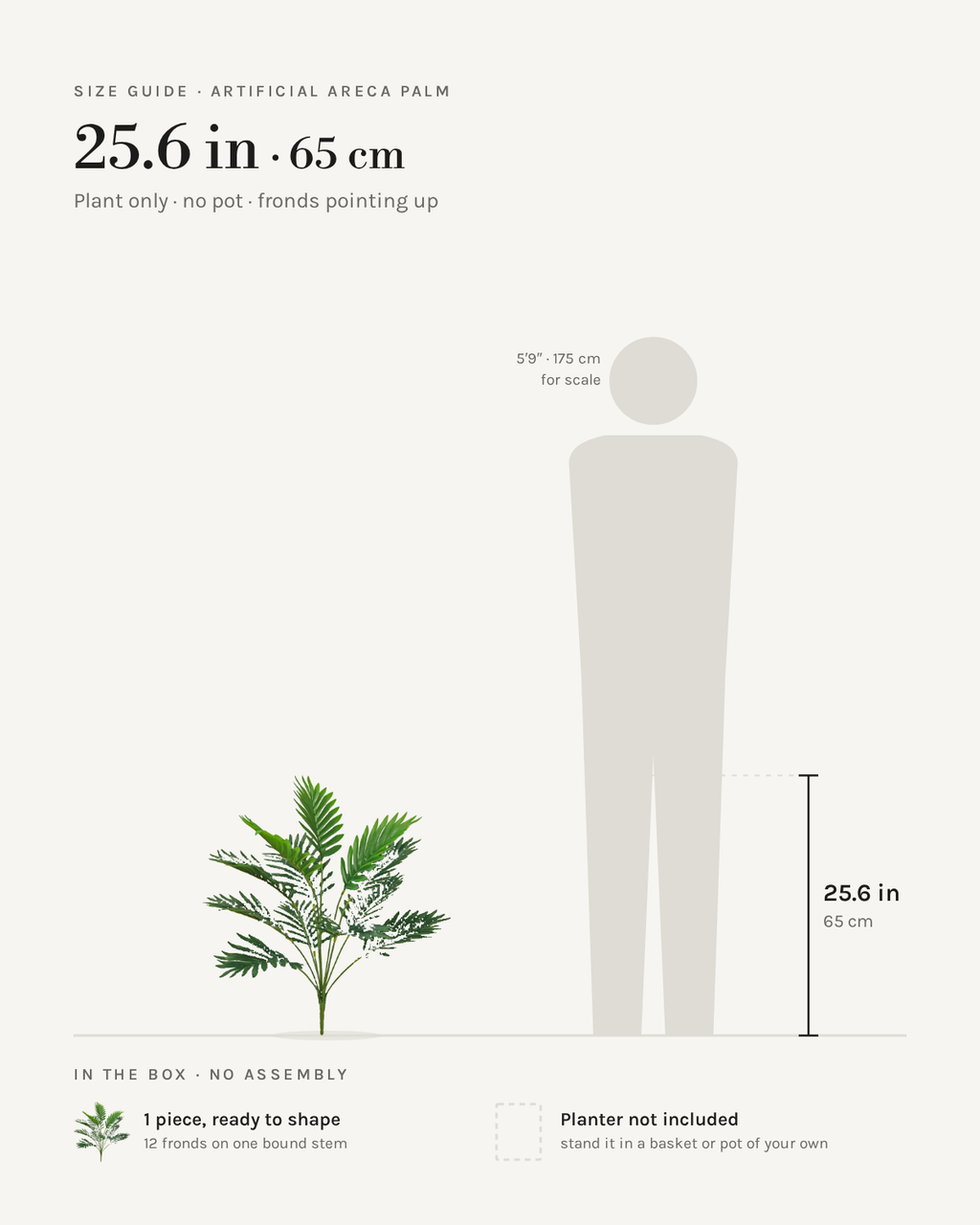 Size guide: artificial areca palm, 25.6 in / 65 cm tall, 12 fronds, shown beside a 5 foot 9 figure