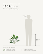Size guide: artificial areca palm, 25.6 in / 65 cm tall, 12 fronds, shown beside a 5 foot 9 figure