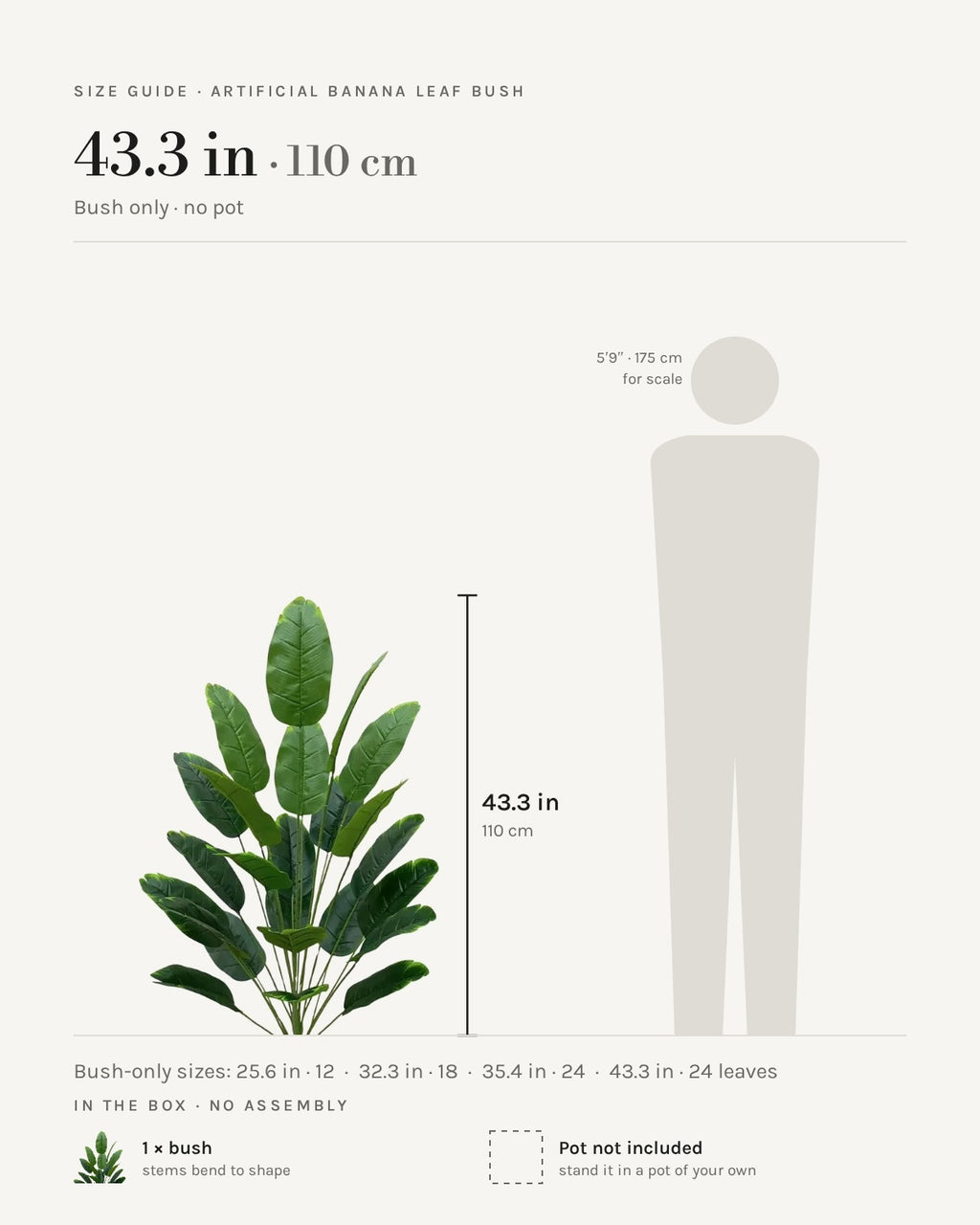 Size guide: bush only, shown at 43.3 in beside a 5 ft 9 in figure