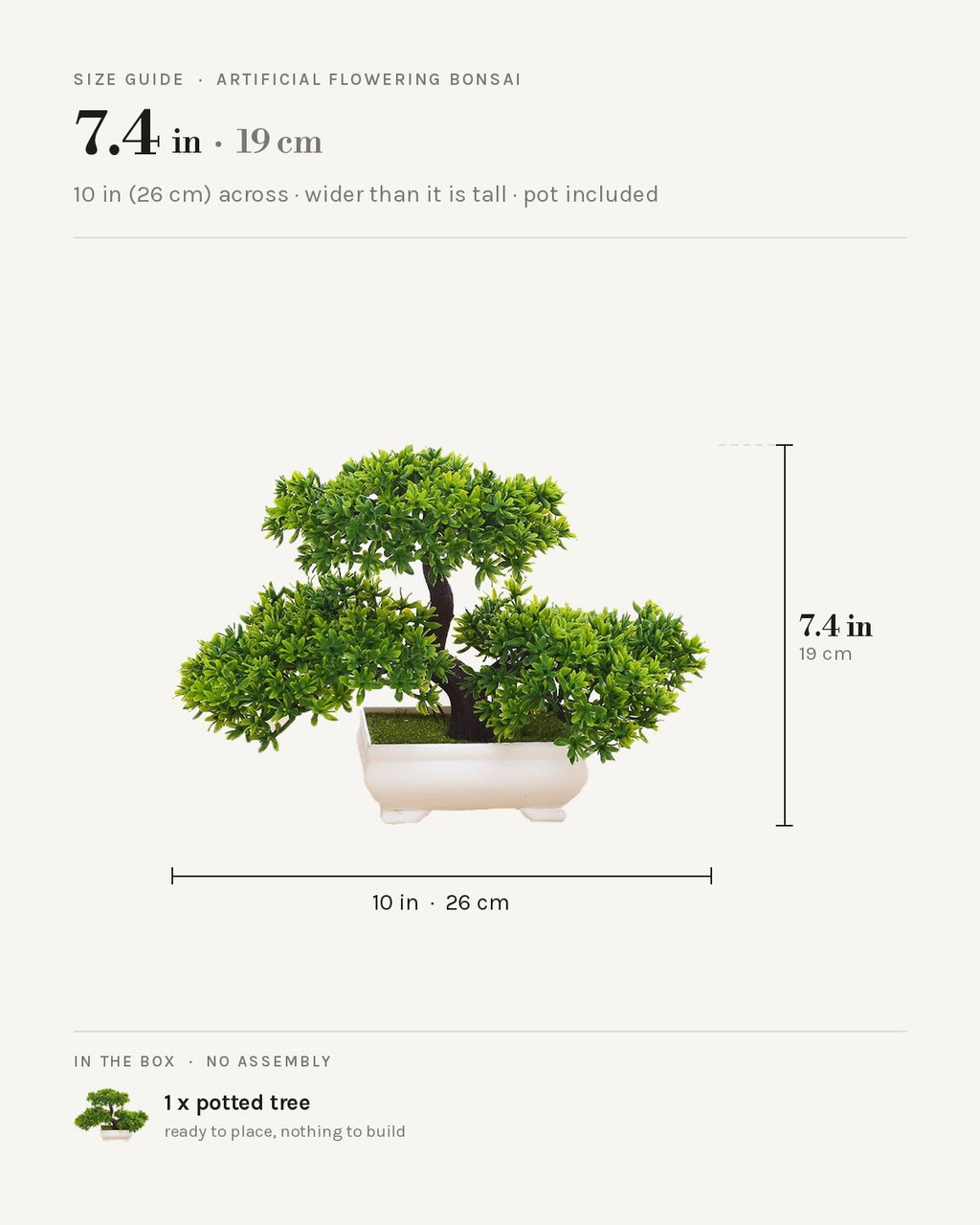 Size guide: artificial flowering bonsai, 7.4 in / 19 cm tall and 10 in / 26 cm across, pot included.