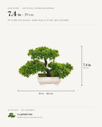 Size guide: artificial flowering bonsai, 7.4 in / 19 cm tall and 10 in / 26 cm across, pot included.