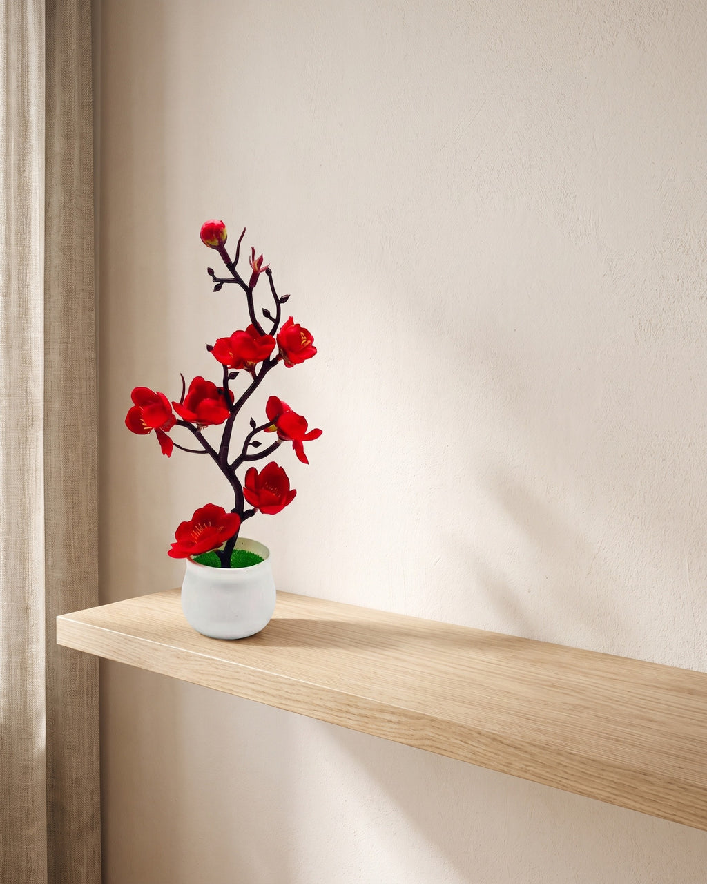 The bonsai standing on an oak shelf against a plaster wall