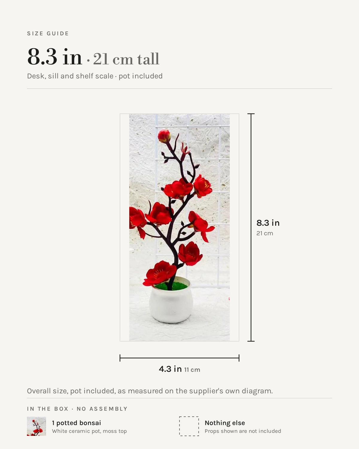 Size guide: 8.3 in tall and 4.3 in across, pot included
