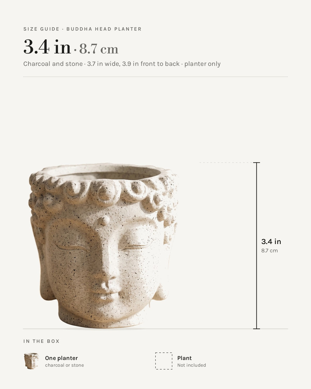 Size guide: Buddha head planter, charcoal and stone, 3.4 in