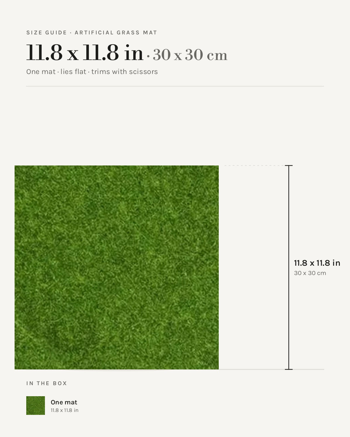 Size guide: artificial grass mat at 11.8 x 11.8 in