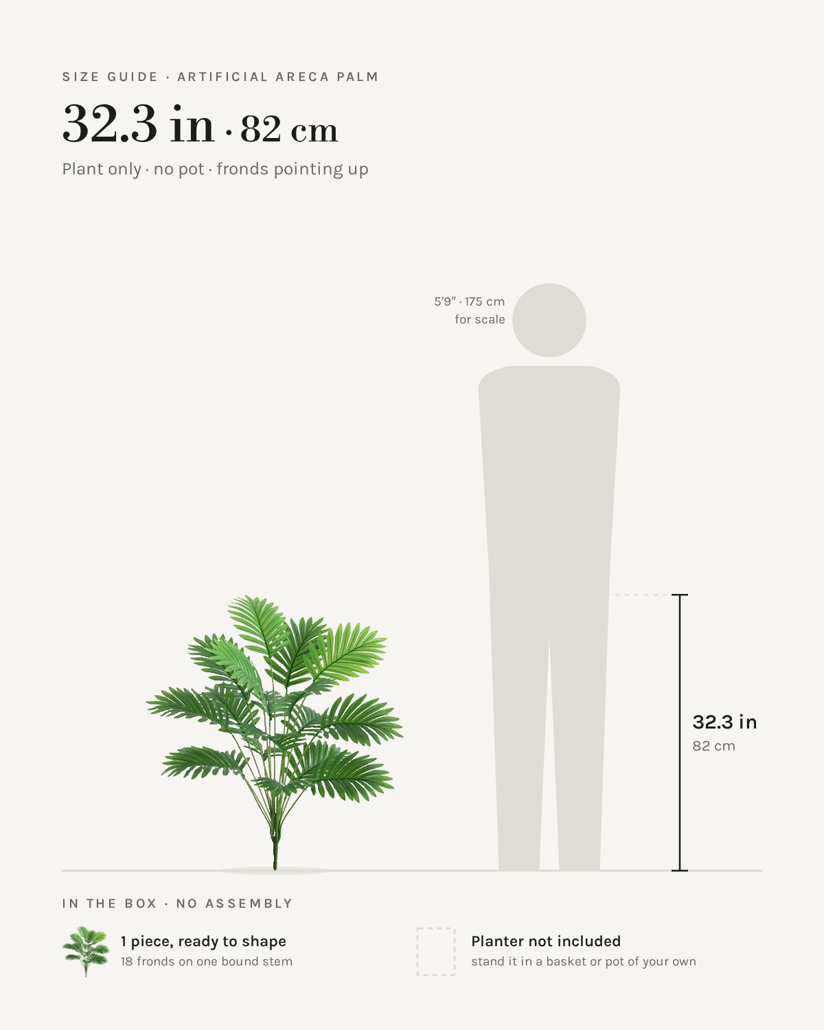 Size guide: artificial areca palm, 32.3 in / 82 cm tall, 18 fronds, shown beside a 5 foot 9 figure