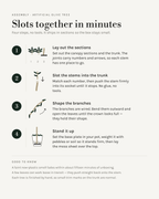 Four-step assembly guide for the artificial olive tree: lay out, slot together, shape, stand up