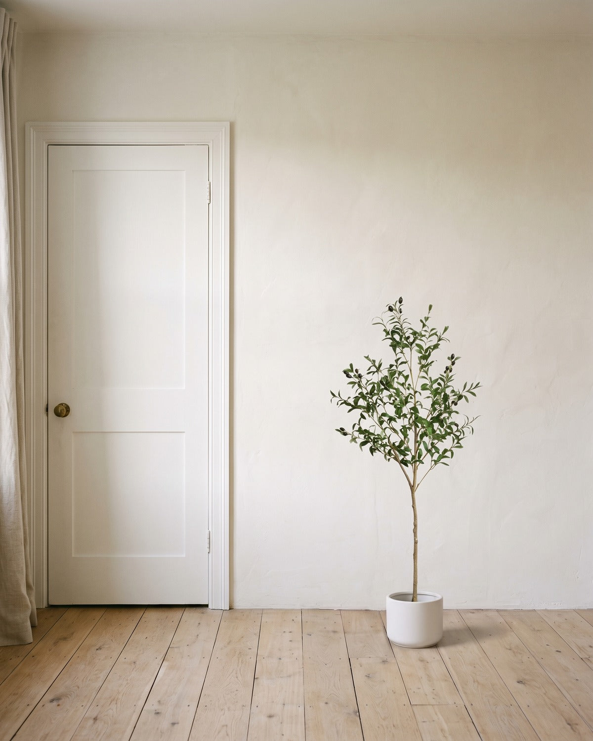 The 55 in artificial olive tree in a plain white pot, beside an 80 in door to show its height; planter not included