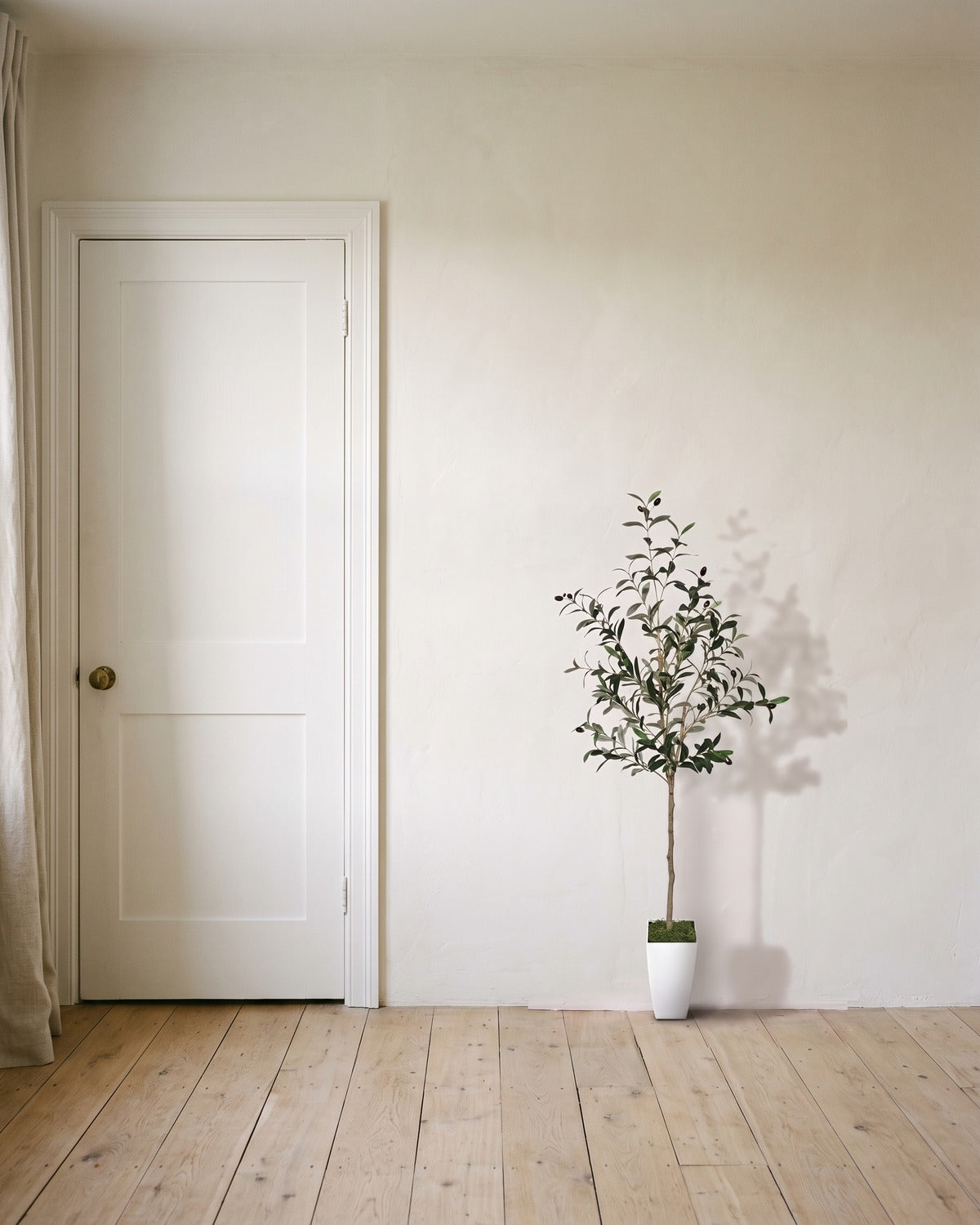 The 55 in artificial olive tree in the small white pot it ships with, beside an 80 in door to show its height
