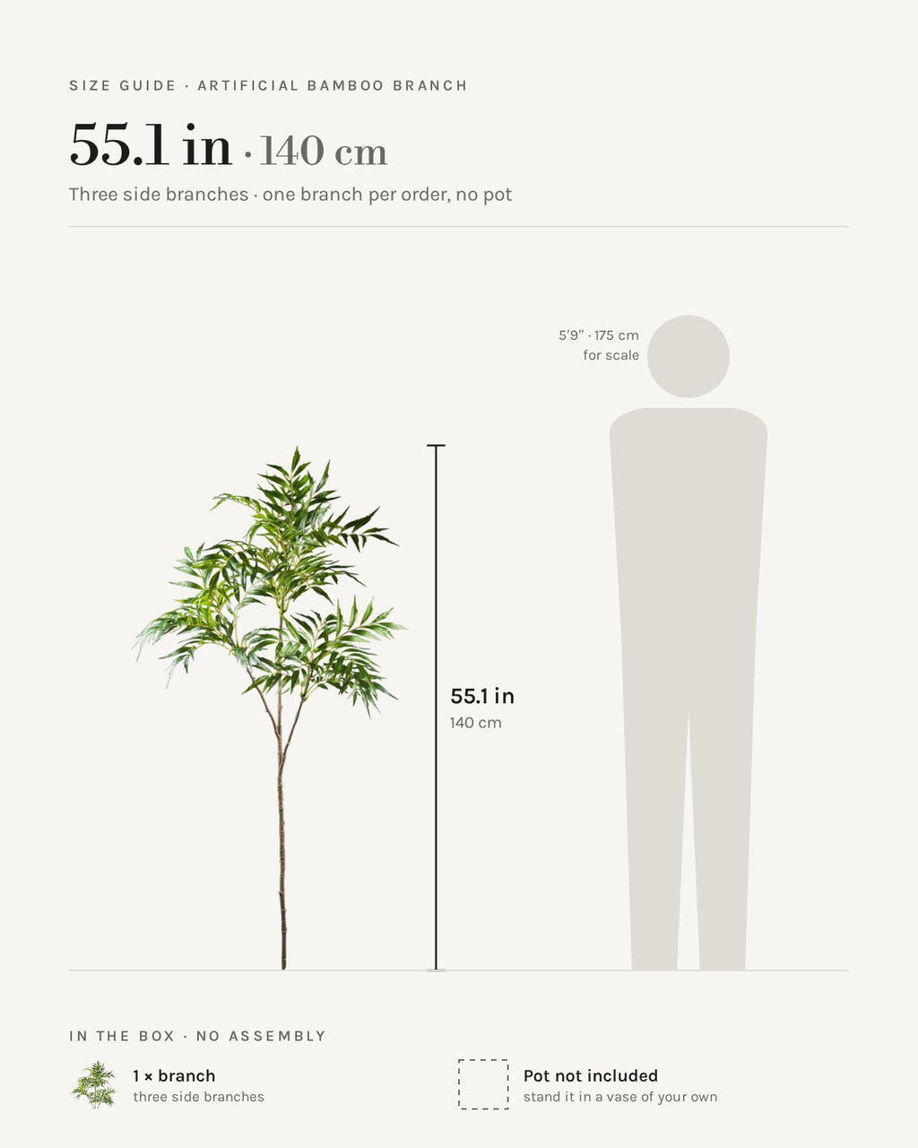 Size guide: the 55.1 in (140 cm) artificial bamboo branch with three side branches, shown beside a 5 ft 9 in figure for scale. Pot not included.