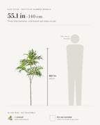 Size guide: the 55.1 in (140 cm) artificial bamboo branch with three side branches, shown beside a 5 ft 9 in figure for scale. Pot not included.
