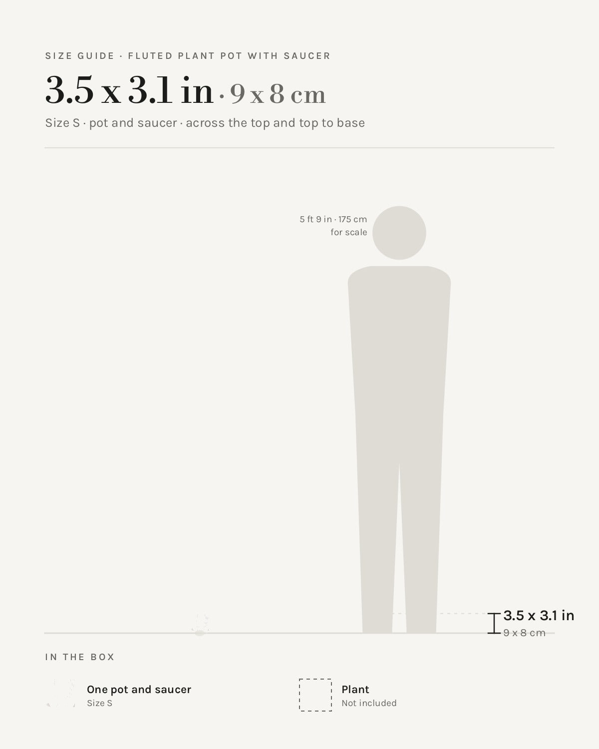 Size guide: Fluted plant pot with saucer, size S at 3.5 x 3.1 in