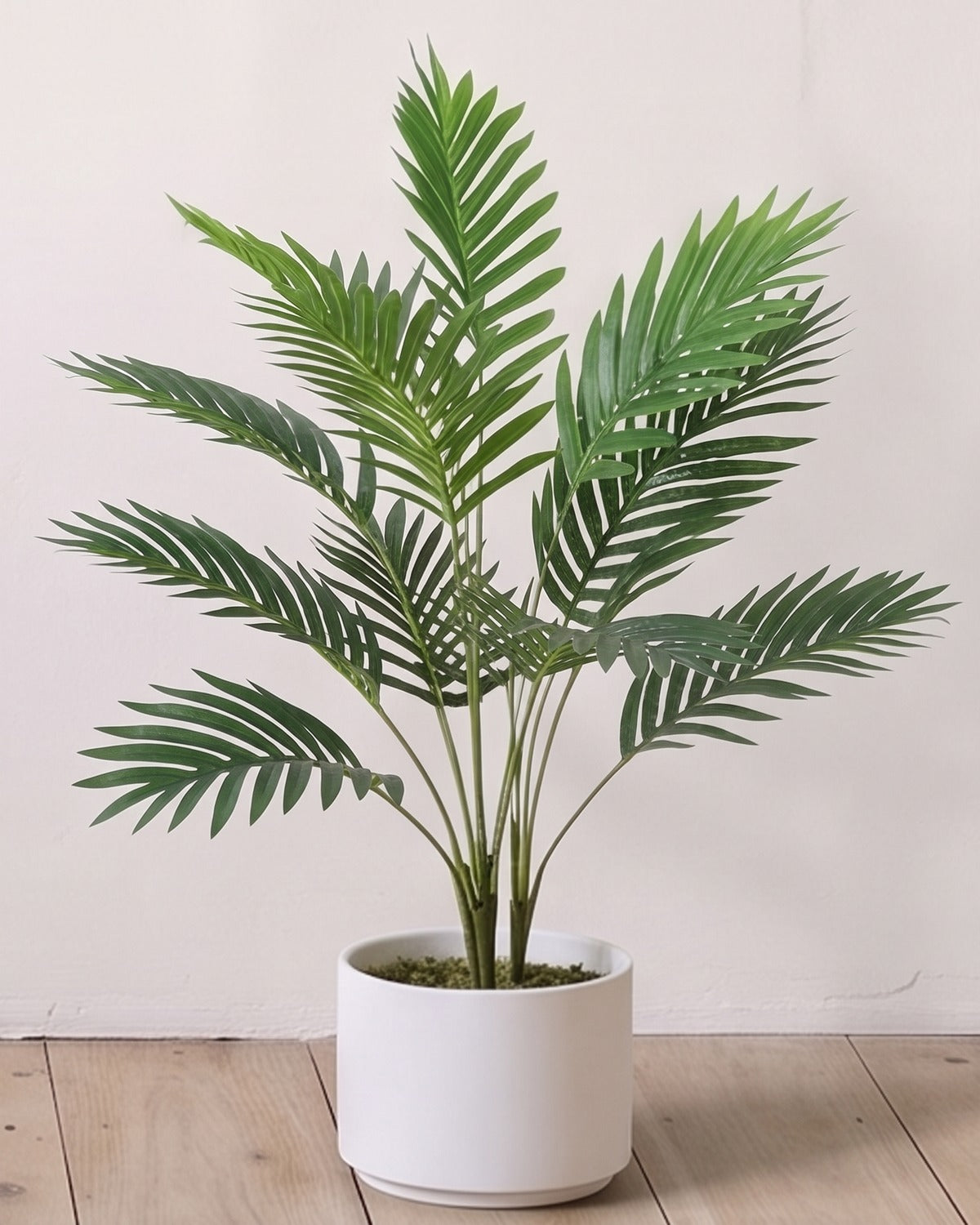 An artificial areca palm with twelve fronds, 26 in tall, in a plain white pot against a warm white wall; pot not included