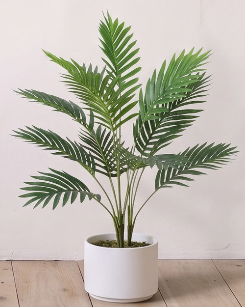 An artificial areca palm with twelve fronds, 26 in tall, in a plain white pot against a warm white wall; pot not included