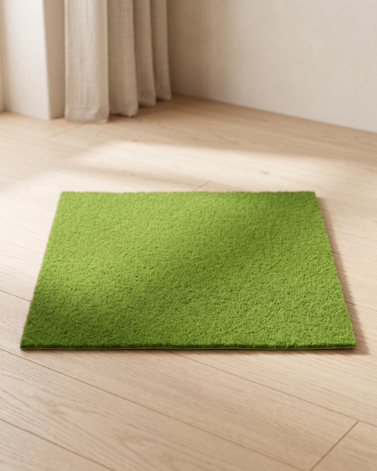 An artificial grass mat laid flat on pale oak floorboards in a bright, calm room