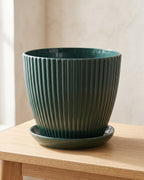 Forest green fluted plant pot and saucer, empty on a pale oak table