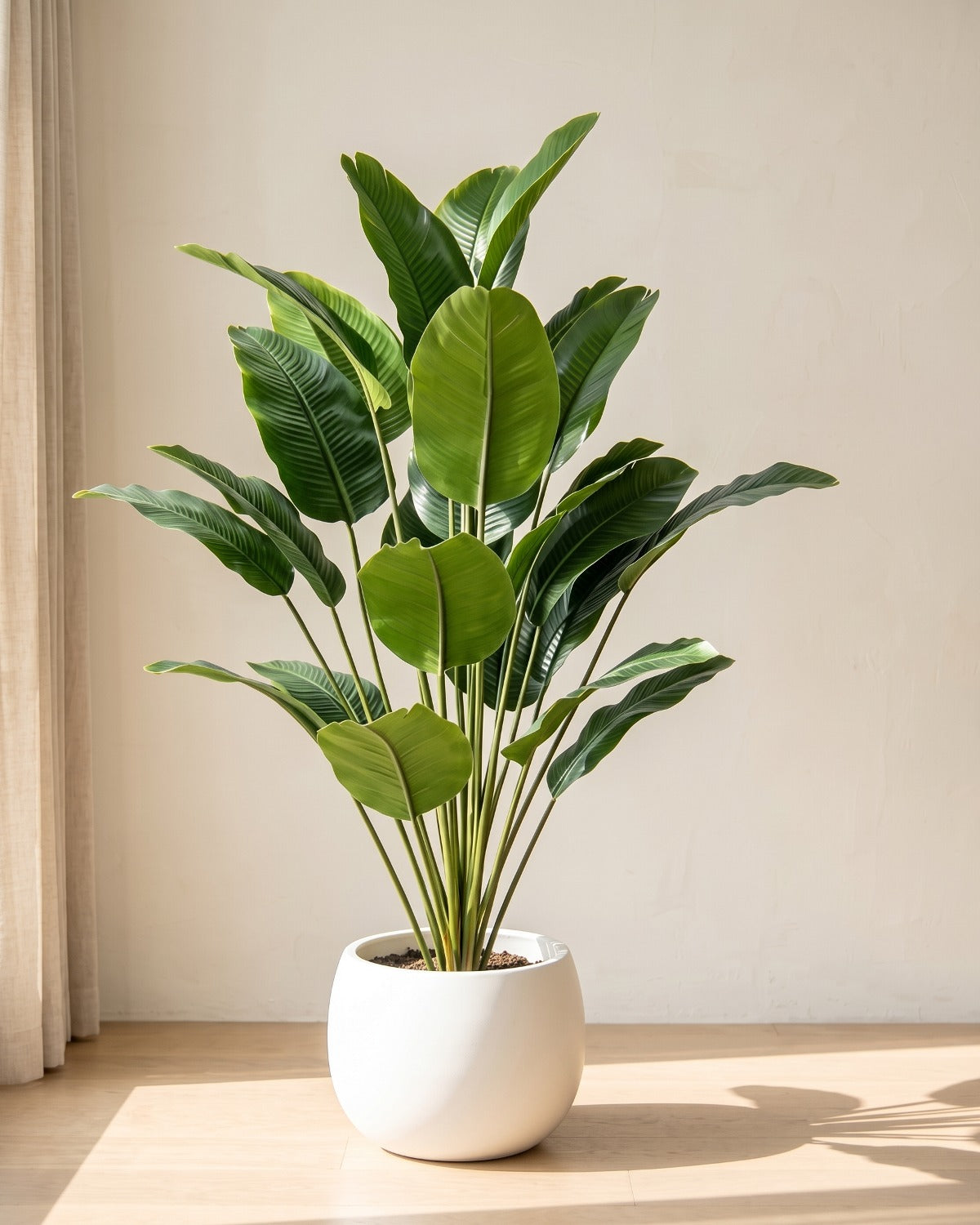 The 44 in artificial bird of paradise with twenty-four leaves, in a plain white pot on an oak floor; pot not included