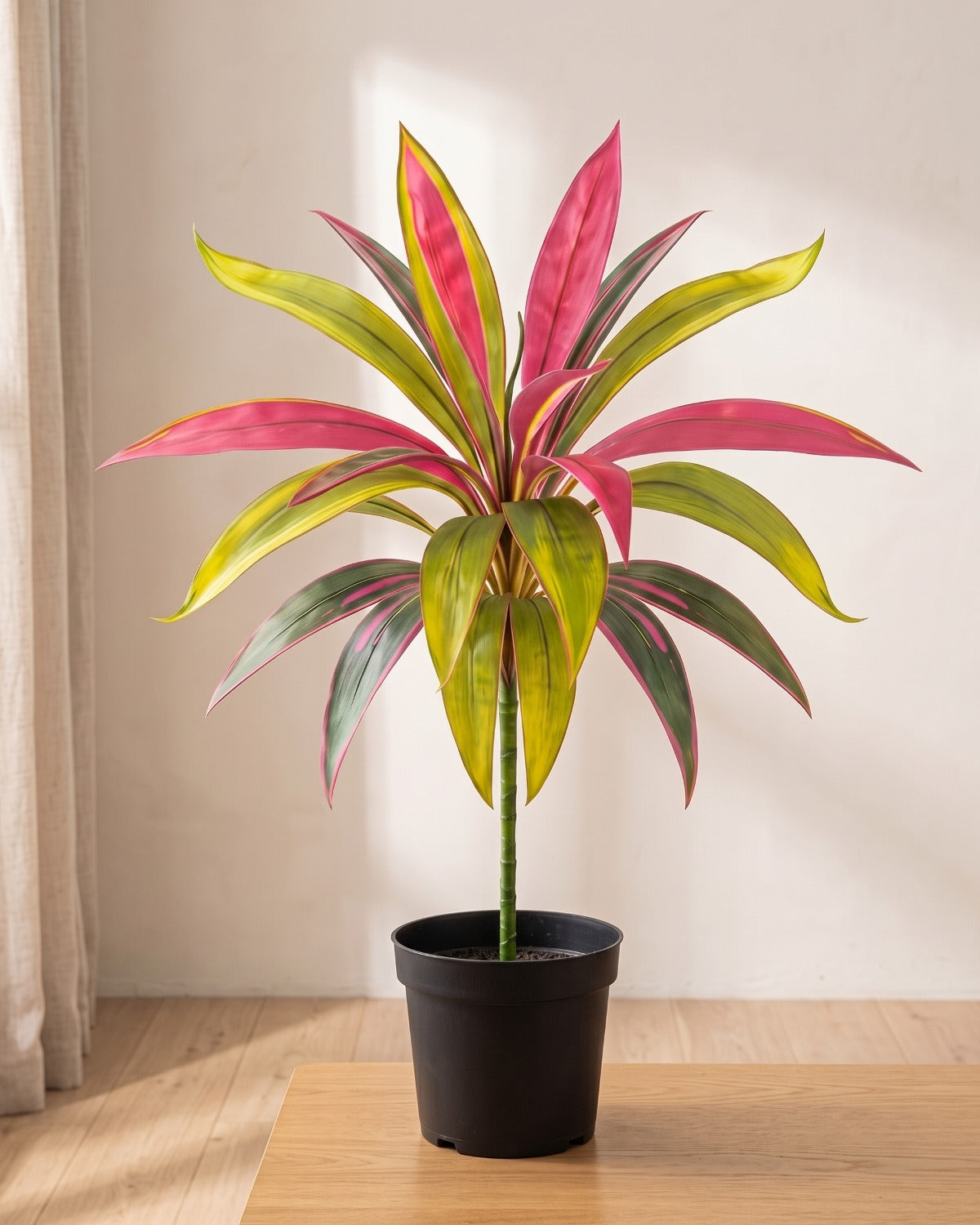 A pink artificial dracaena, the leaves magenta down the middle with green edges, in a plain nursery pot on a pale oak floor; pot not included