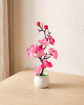 A small artificial plum blossom bonsai in bright pink bloom, in the white ceramic pot it comes in, on a pale oak table