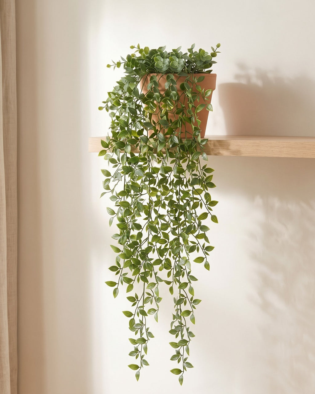 Two artificial trailing vines together in a terracotta pot on a pale oak shelf; pot not included