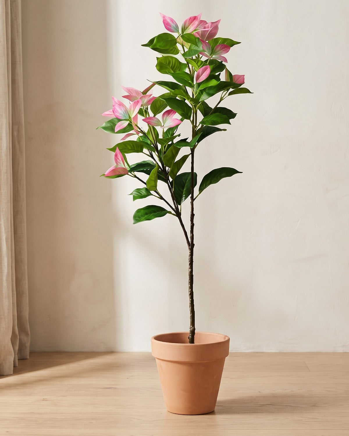 Artificial variegated leaf branch with rose pink leaf tips, in a plain terracotta pot against a warm plaster wall; pot not included