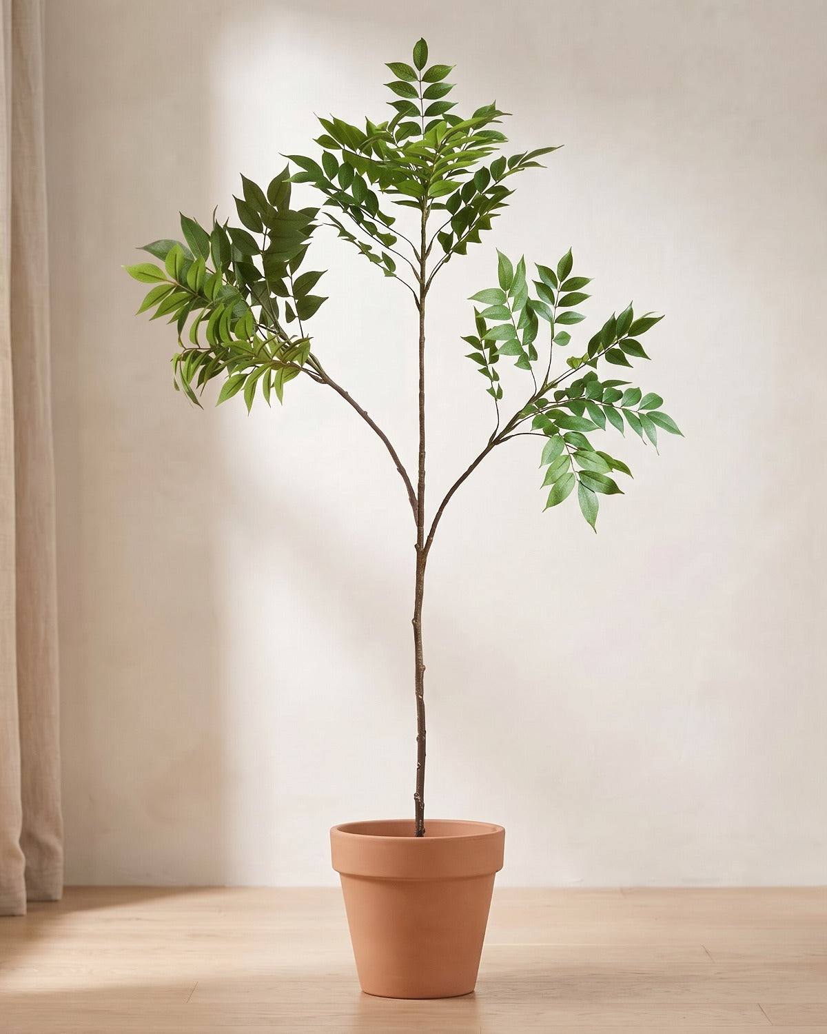 Artificial ficus branch with two side branches standing in a plain terracotta pot on pale oak floorboards (pot not included).