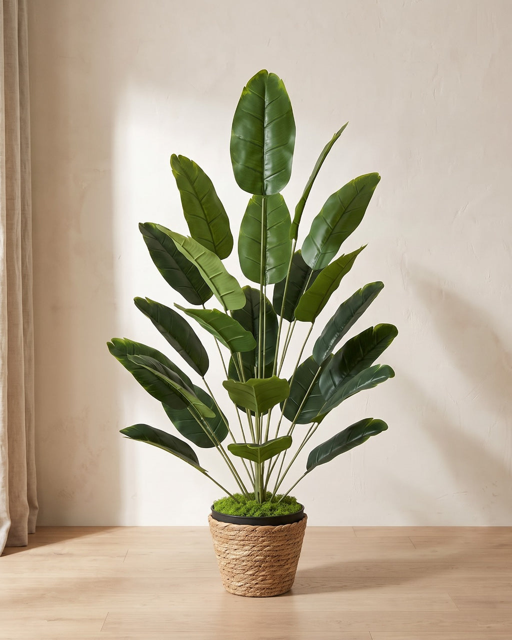 The artificial banana leaf bush with twenty-four leaves, in the black pot, seagrass basket and moss the set comes with, on a pale oak floor