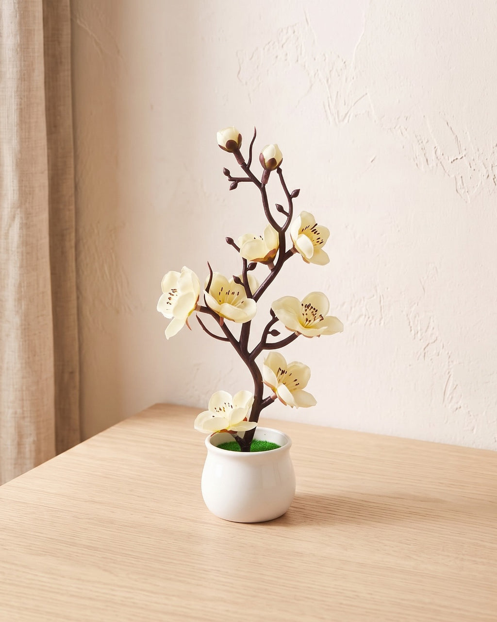 A small artificial plum blossom bonsai in cream ivory bloom, in the white ceramic pot it comes in, on a pale oak table