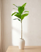 Glossy oval leaf artificial tree branch standing in a plain off-white vase on a pale oak table; no vase is included