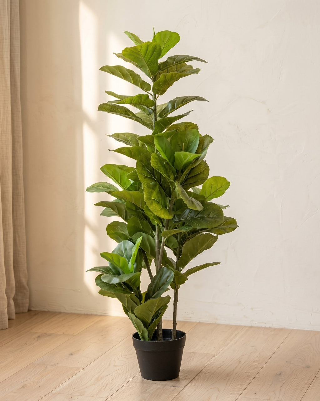 The tallest artificial fiddle leaf fig tree, a full column of leaves, in its black nursery pot on pale oak floorboards; planter not included