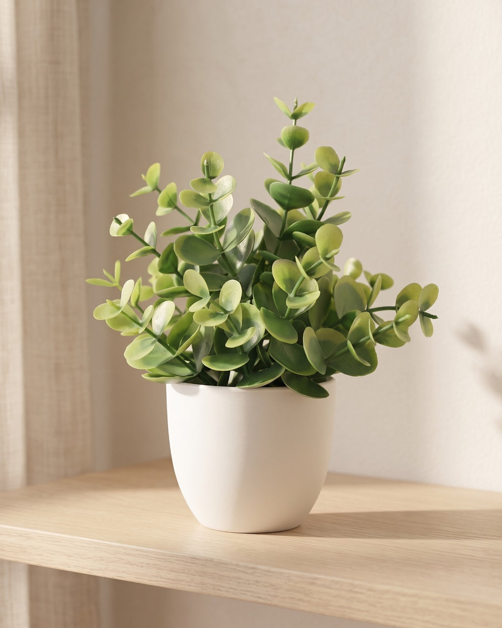 Coin leaf style mini artificial potted plant in a plain white pot on a pale oak table