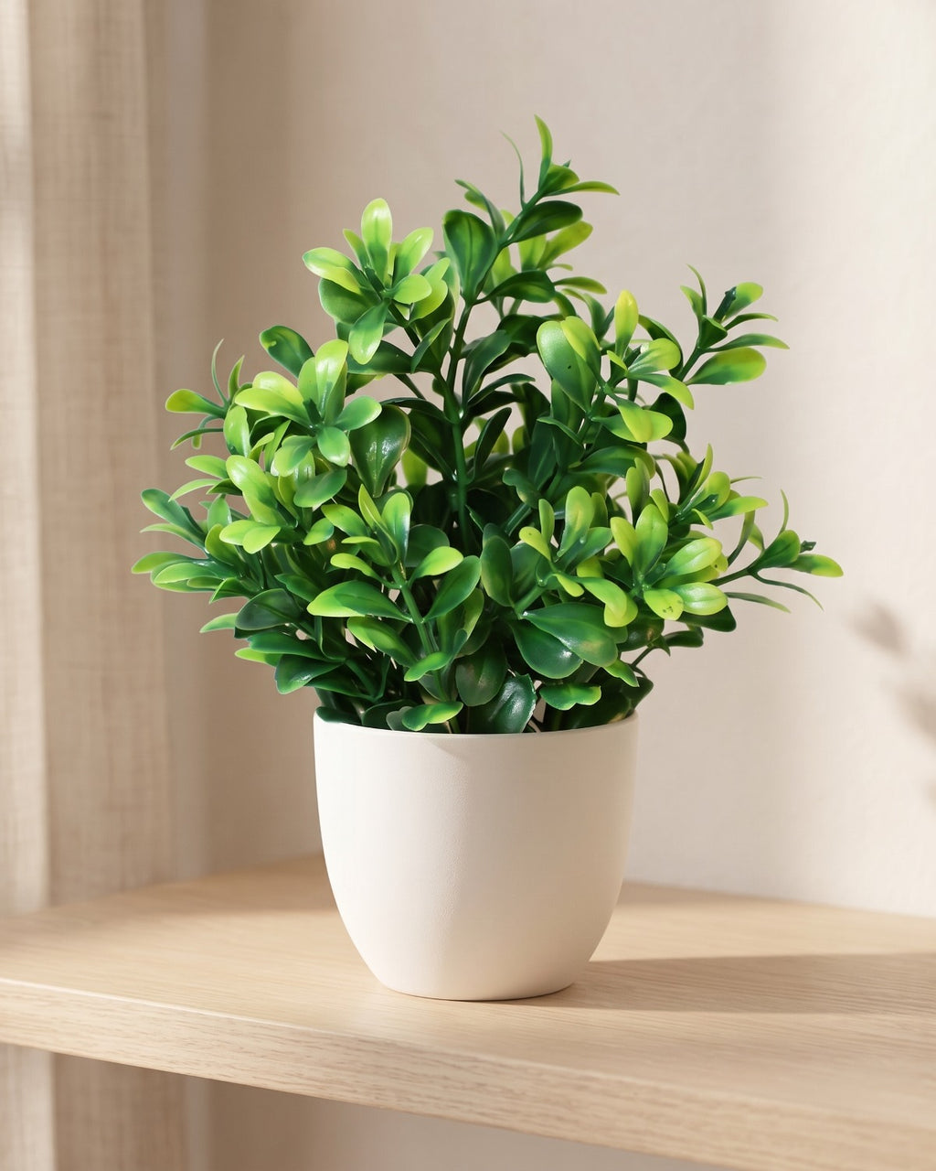 Boxwood style mini artificial potted plant in a plain white pot on a pale oak table