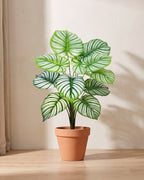Artificial leaf bush with rounded leaves striped silver-white along every vein, in a plain terracotta pot; pot not included