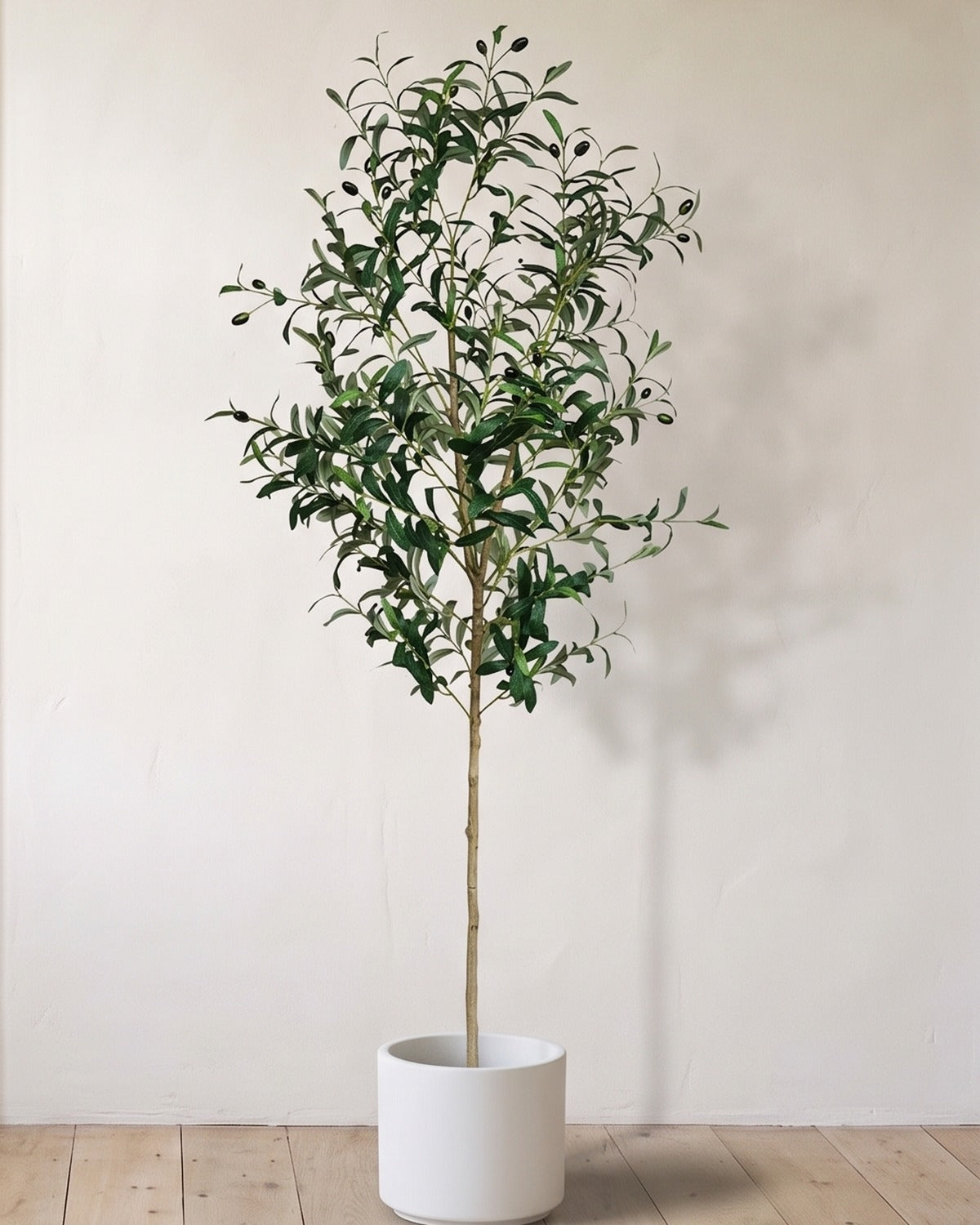 The 71 in artificial olive tree in a plain white pot, against a warm white wall; planter not included