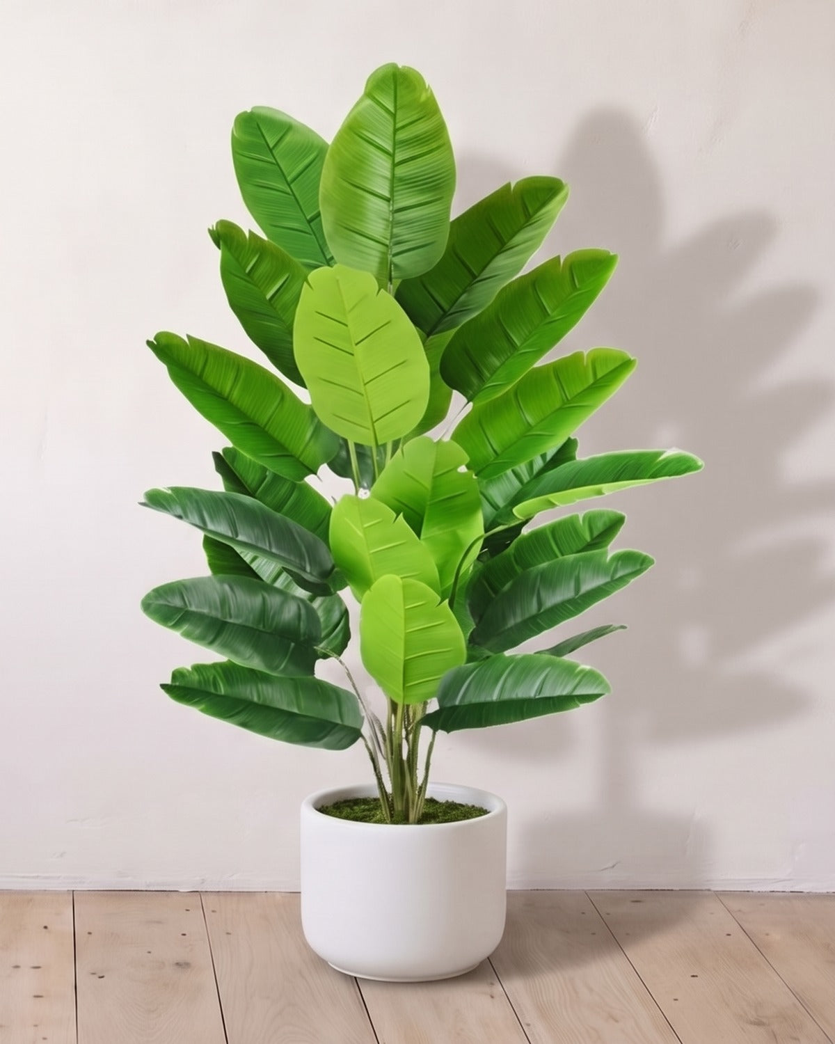 The 44 in artificial bird of paradise with twenty-four leaves, in a plain white pot against a warm white wall; pot not included