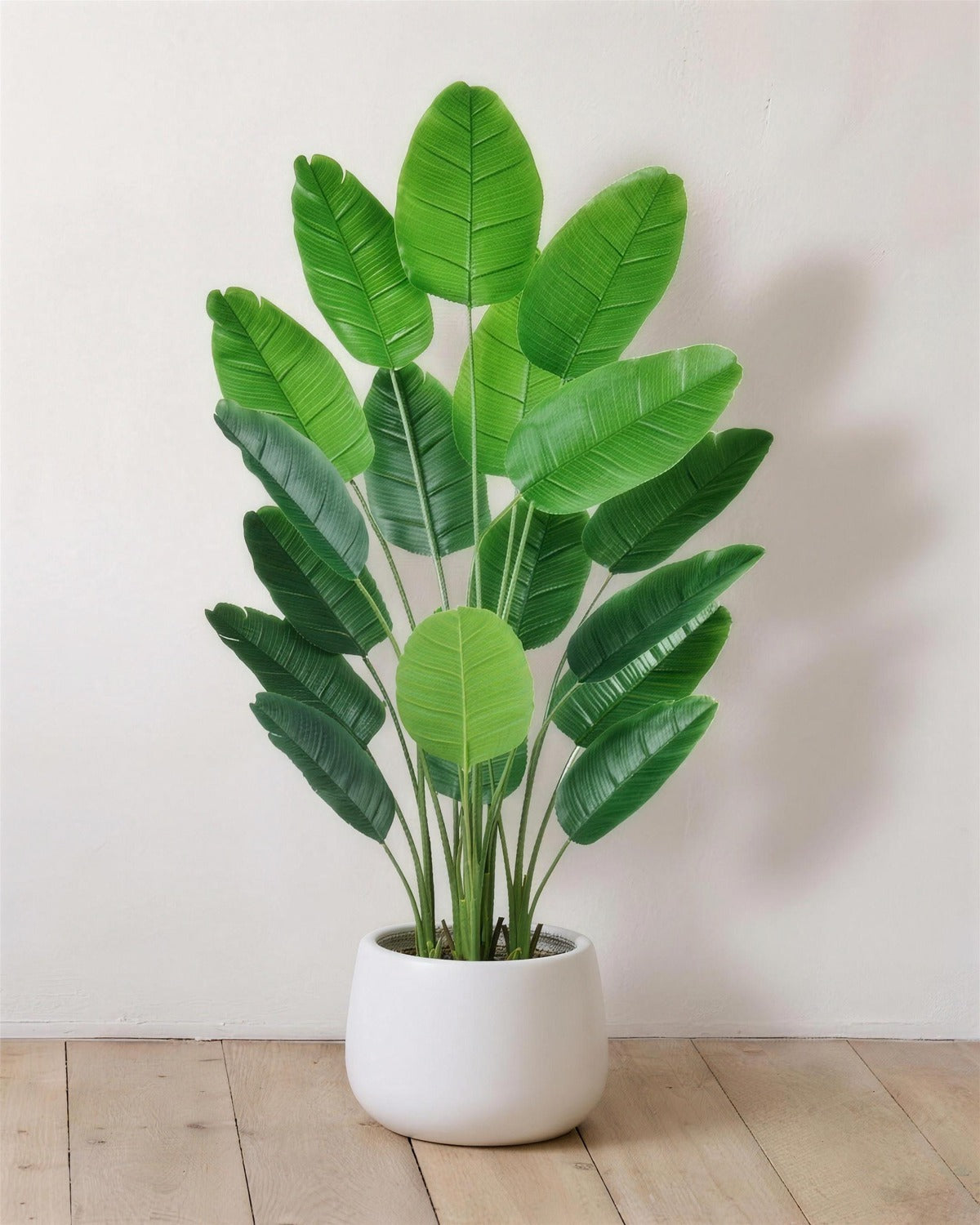 The 42 in artificial bird of paradise with eighteen leaves, in a plain white pot against a warm white wall; pot not included